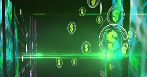 Image of dollars in circles over shapes on green background with lights Stock Illustration