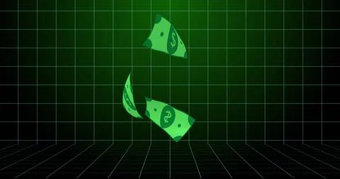 Image of dollars floating over green checked background Ilustração Stock