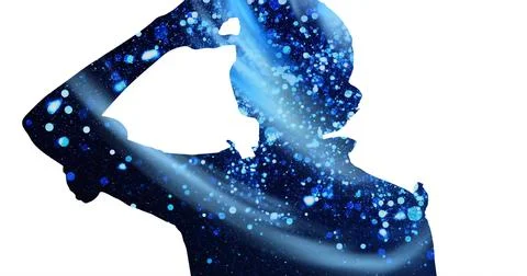 Image of dots and circles in silhouette of woman looking with hand on forehead 스톡 사진