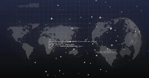 Image of dots and data processing over world map and rotating globe on navy Stock Illustration