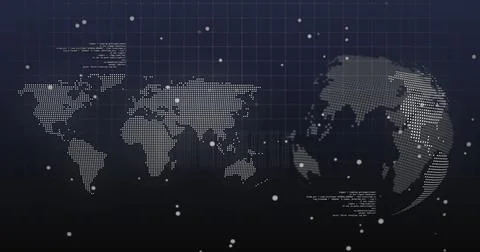Image of dots and data processing over world map and rotating globe on navy Stock Illustration