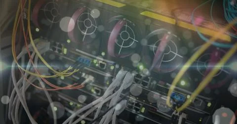 Image of dots and lights over computer wires 库存照片