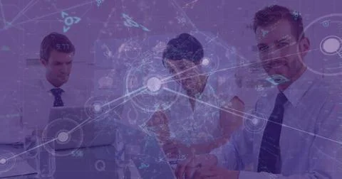 Image of dots and programming language over caucasian coworkers working over 스톡 사진