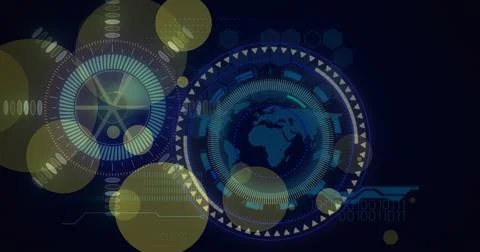 Image of dots blinking over globe and processing circle on black background Stock Illustration