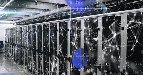 Image of dots connected with lines, lens flare and infographic interface over Foto stock
