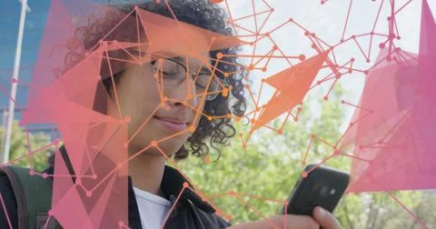 Image of dots connecting with lines forming geometric shapes over biracial .. 스톡 사진