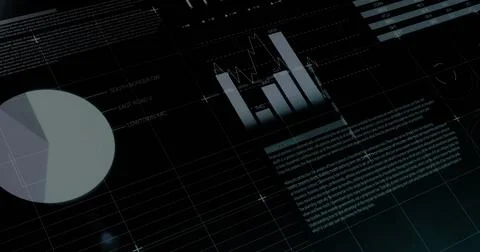 Image of dots forming abstract pattern over infographic interface against black 写真素材