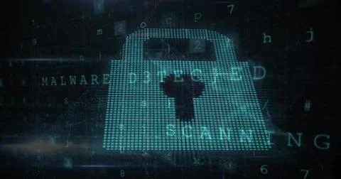 Image of dots forming padlock over texts, letters, symbols and numbers on a.. Stock Photos