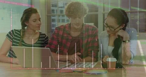 Image of dots on graphs over computer language against diverse coworkers 스톡 사진