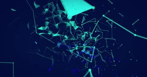 Image of dots interconnecting with lines and forming triangle shapes over blue Foto stock