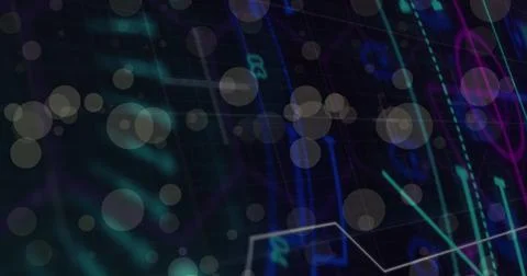 Image of dots moving over processing circle on black background Illustrazione stock