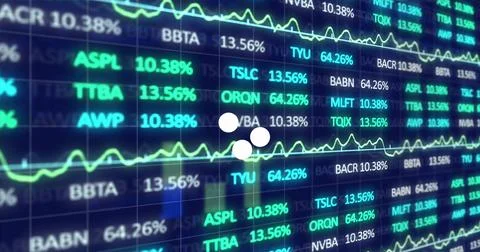 Image of dots over financial data on navy background 스톡 사진