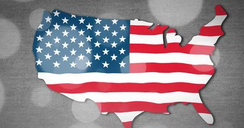 Image of dots over map with flag od usa on grey background Ilustração Stock