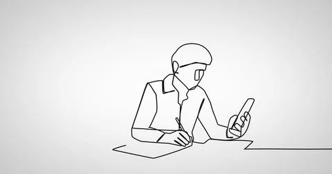 Image of drawing of businessman using smartphone on white background Illustrazione stock