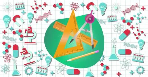 Image of drawing items over science icons Stock Illustration