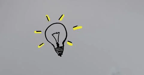 Image of drawing of light bulb with blinking yellow rays over white background Stock Photos