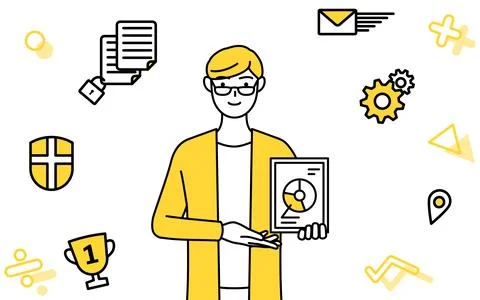 Image of DX, A casually dressed young man using digital technology to impro.. Stock Illustration