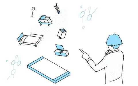 Image of DX, a man using an app to place furniture in AR Stock Illustration