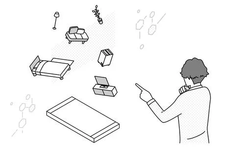 Image of DX, man using AR app to place furniture in consideration of moving Stock Illustration