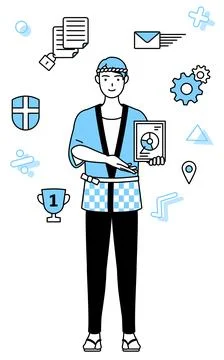Image of DX, Man wearing Happi coat for summer festivals using digital tech.. Stock Illustration