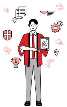 Image of DX, Man wearing a red happi coat using digital technology to impro.. Stock Illustration