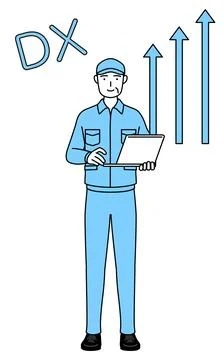 Image of DX, Senior man in hat and work clothes who has successfully improv.. Stock Illustration