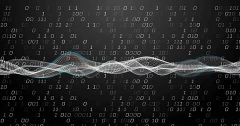 Image of dynamic wave pattern and binary codes over black background Stockfoto's
