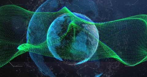 Image of dynamic waves, loading bars, computer language and globe over abstract Stock Illustration