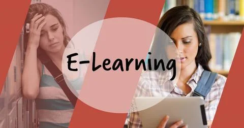 Image of e-learing text over students in school Stock Illustration