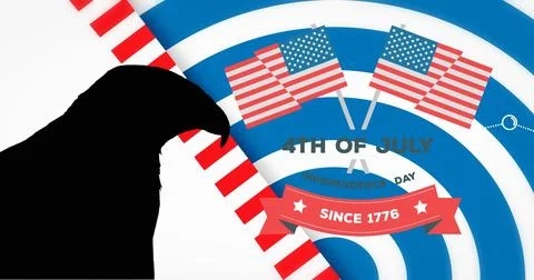 Image of eagle shape, flags of usa and 4th of july over background in usa f.. Stock Photos