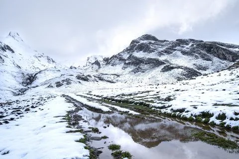 An image of the early spring thaw with a large puddle in the foreground Stock Photos