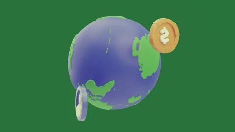 With an image of the earth and globe coin top blue in sitting is fork knife Stock Footage 335980874