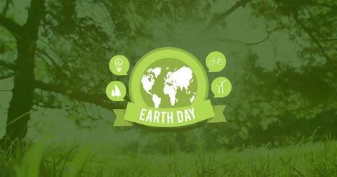 Image of earth day text over globe and grass with trees Illustrazione stock