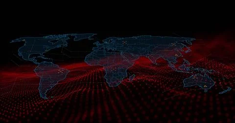 Image of earth map and dynamic wave pattern over black background Illustrazione stock