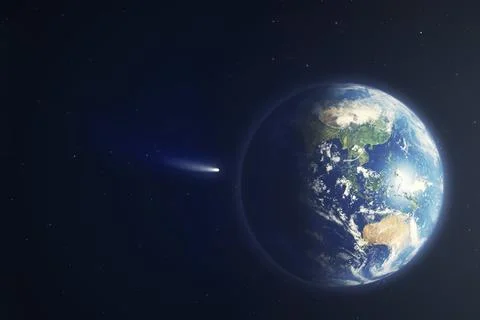 An image of an Earth view with comet Neowise. 3D illustration Graphic with high Ilustração Stock