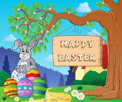 Image with easter bunny and sign - illustration. 库存插图