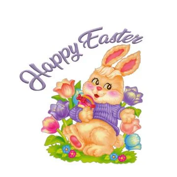 Image of an Easter bunny surrounded by colorful flowers Illustrazione stock