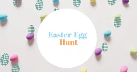 Image of easter egg hunt text over colourful easter eggs on white background Stock Photos