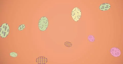 Image of easter eggs falling on red background Illustrazione stock