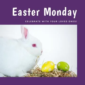 Image of easter monday text over rabbit with easter eggs on white background 스톡 사진