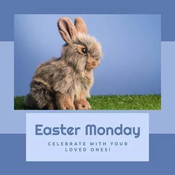 Image of easter monday text over rabbit on grass on blue background 写真素材