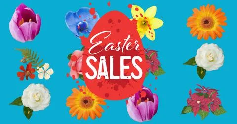 Image of easter sales text over red easter egg and flowers moving in hypnotic Illustrazione stock