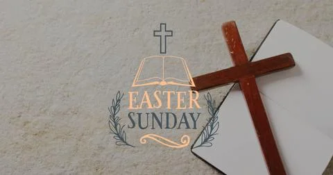 Image of easter sunday text over christian cross and book on grey background Stock Photos