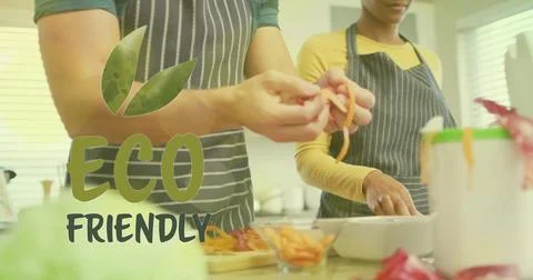 Image of eco friendly text over diverse couple preparing healthy meal in kitchen Ilustração Stock