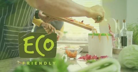 Image of eco friendly text over diverse couple preparing healthy meal in kitchen Ilustração Stock