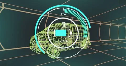 Image of eco icons and data processing over 3d car technical drawing 库存插图