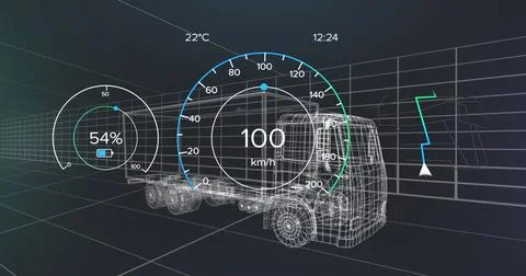 Image of eco icons and data processing over 3d car technical drawing 库存插图