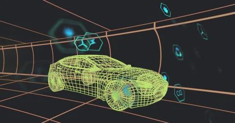 Image of eco icons and data processing over 3d car technical drawing イラスト素材