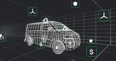 Image of eco icons and data processing over 3d car technical drawing イラスト素材