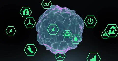 Image of eco icons and data processing over round shape Illustrazione stock